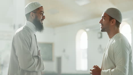 muslim, greeting and people hug in mosque