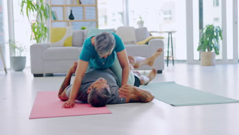 yoga, fun and senior couple in the lounge