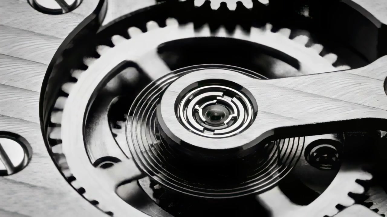 Oscillating center balance wheel rotating gear teeth, mainspring powering macro rig with hairspring
