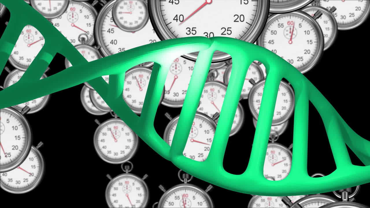 검은 바탕에 있는 dna 가닥 위로 움직이는 타이머의 애니메이션