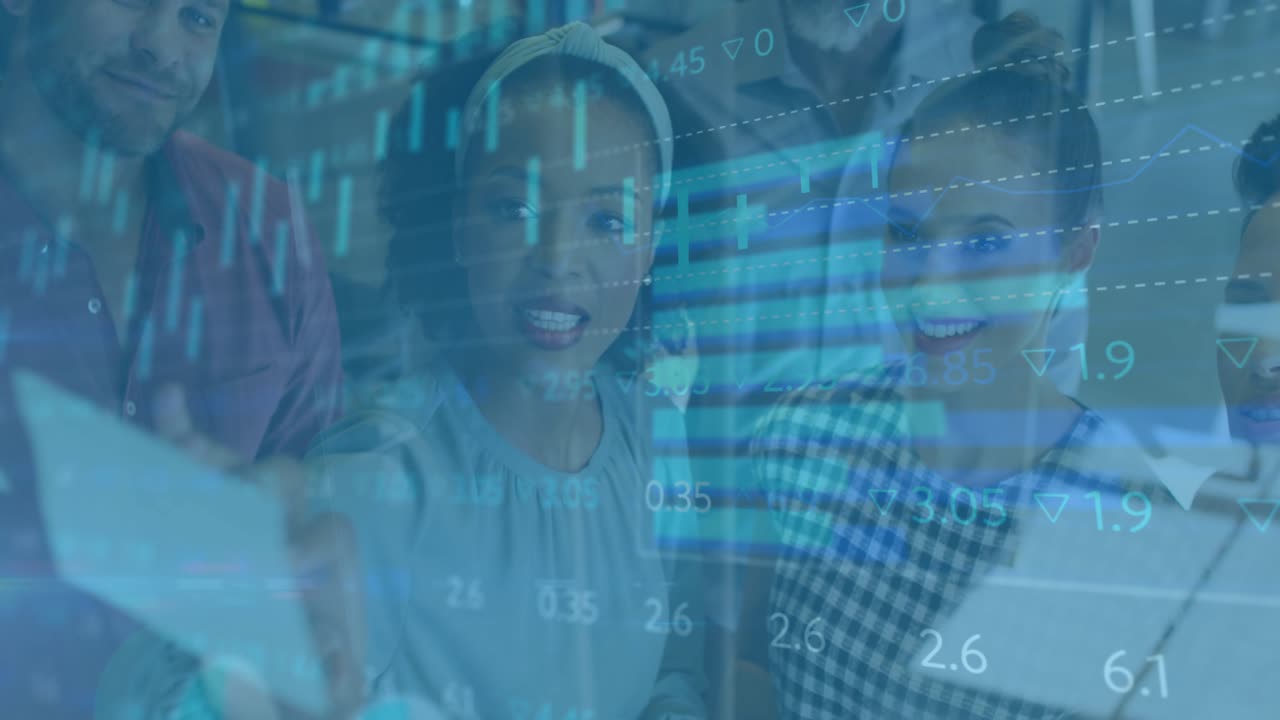 Charts animating on glass board woman pointing at data bar colleagues nodding for finance analysis