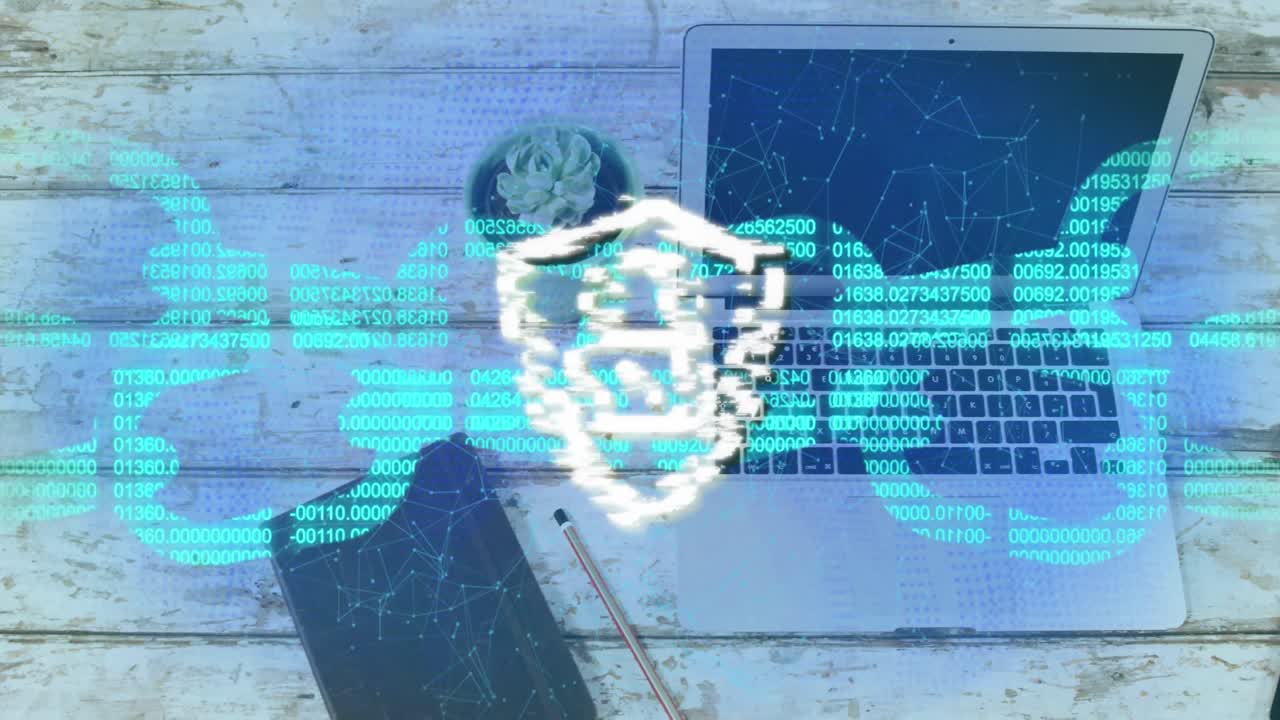 animación del icono del candado y la cadena de seguridad contra el diario, la computadora portátil y la olla de plantas en superficie de madera
