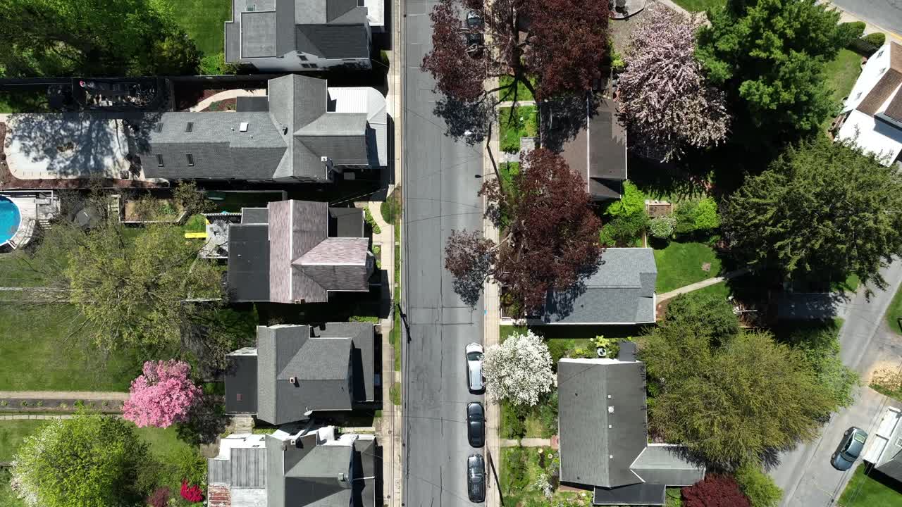 Homes and Buildings with swimming pool on street with colorful trees in spring