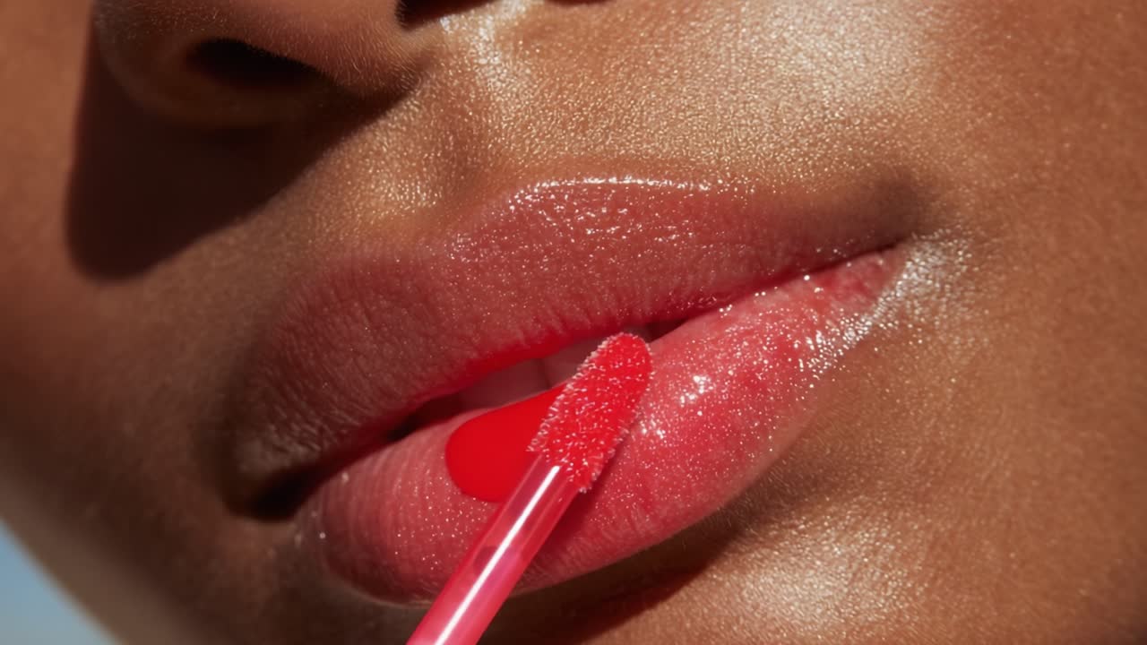 A Close-Up of Glossy Lips Being Enhanced with Vibrant Lip Color Using a Wand, Showcasing the Application Process of a Perfect Makeup Finish