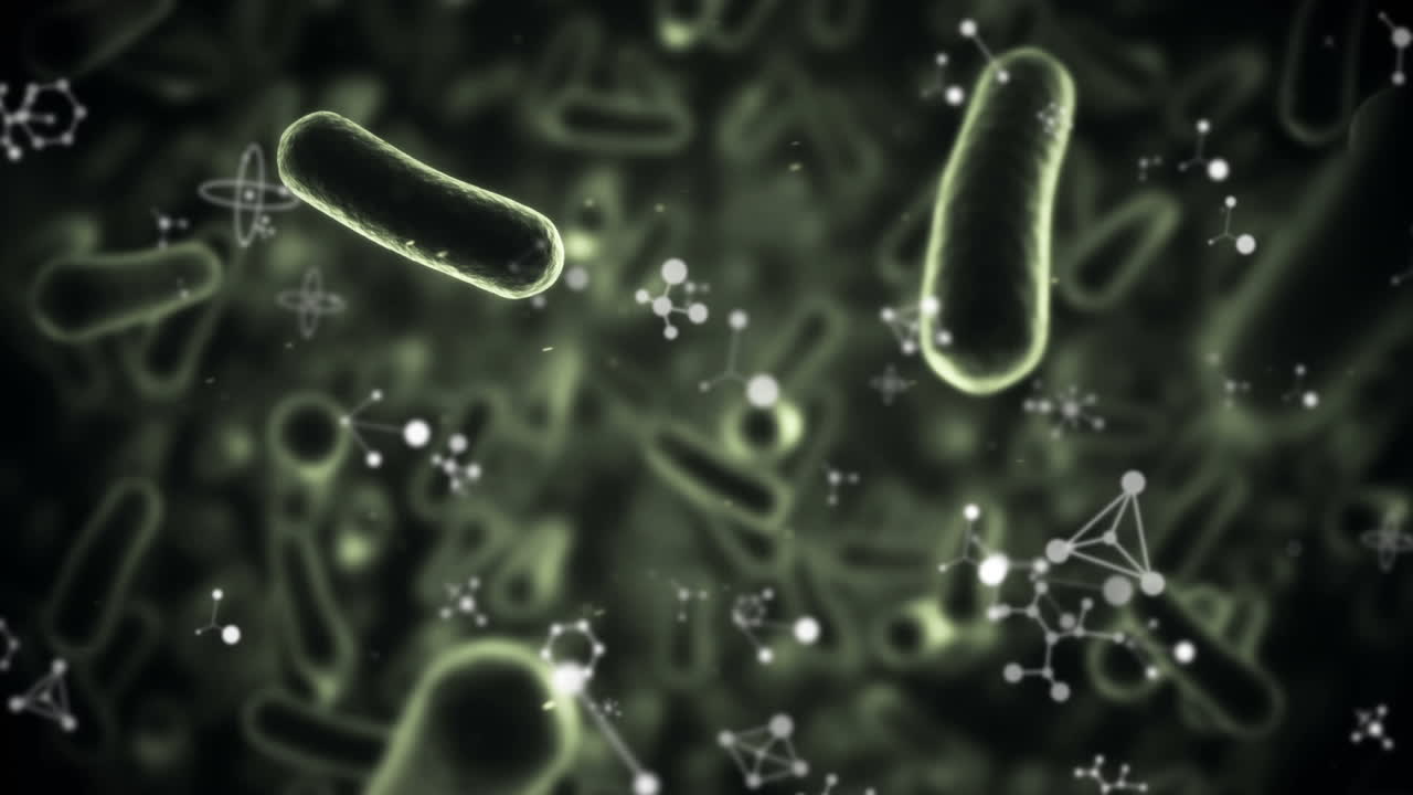 animación de múltiples moléculas y elementos químicos flotando sobre un fondo negro