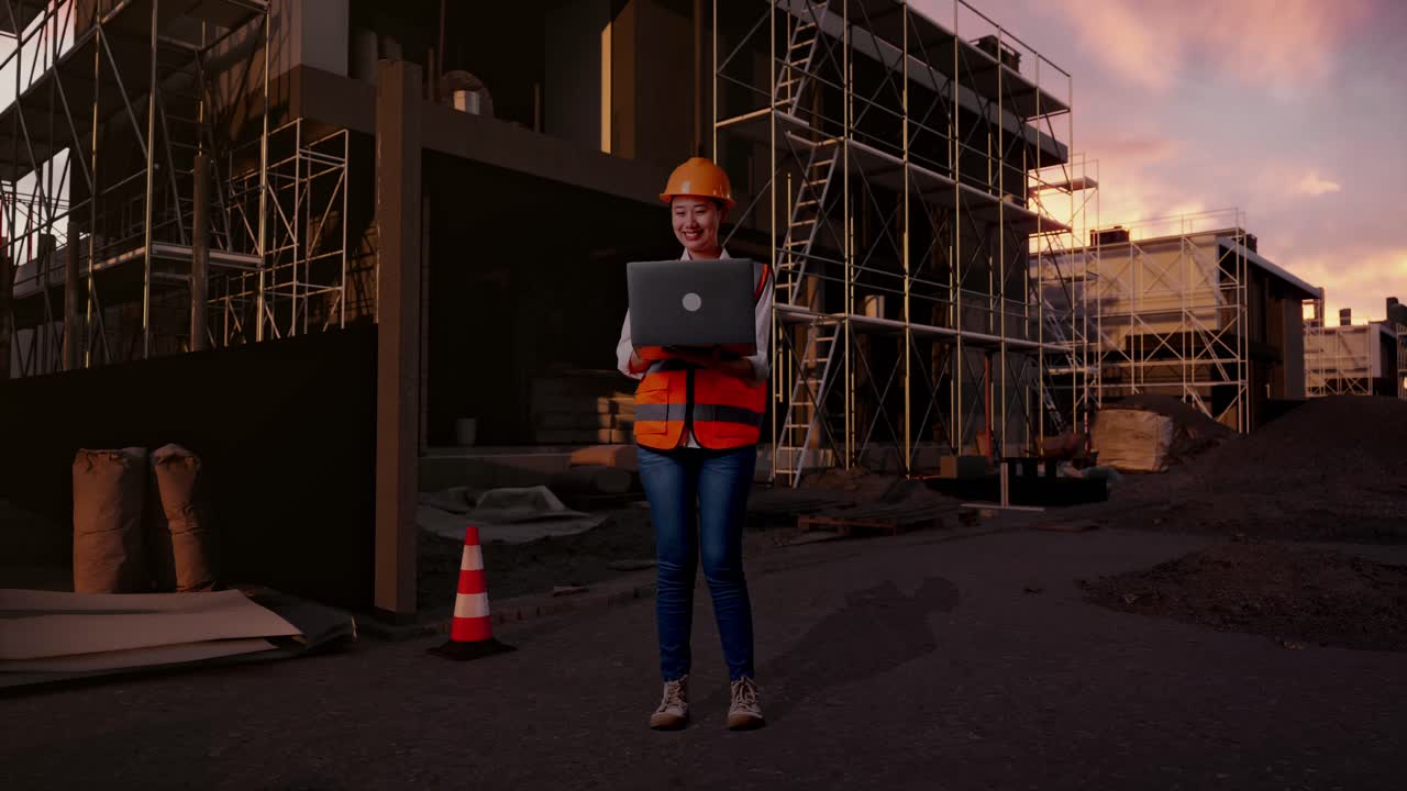 Full Body Of Asian Female Engineer With Safety Helmet Working On A Laptop While Standing At Construction Site in Progress to New House