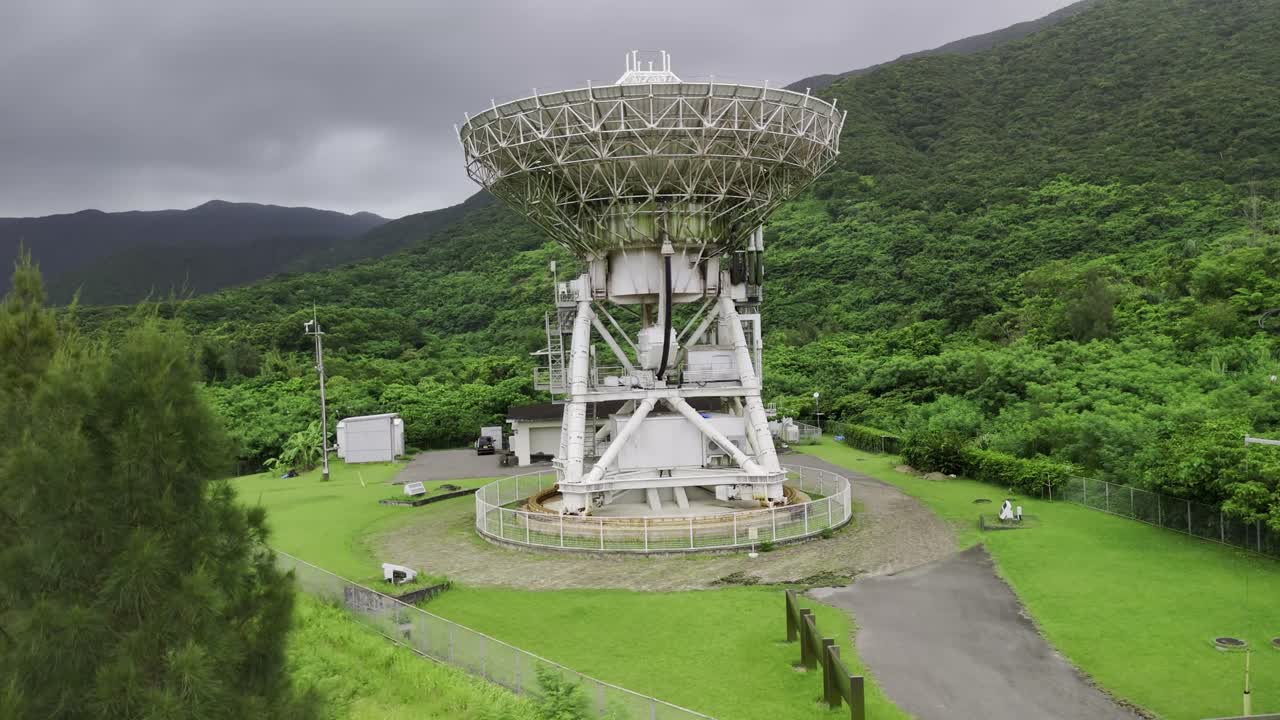 An aerial shot of a large radio telescope at a research facility, situated in a lush green valley at the base of forested mountains
