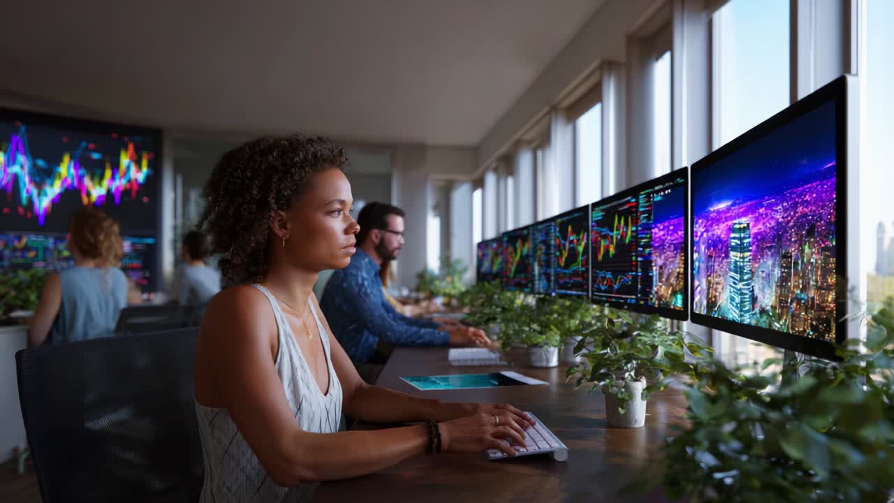 Focused Analyst at Work: A Professional in a Modern Office Setting Analyzing Financial Data on Multiple Monitors with Vibrant Visuals, Surrounded by Lush Plants and an Urban Landscape