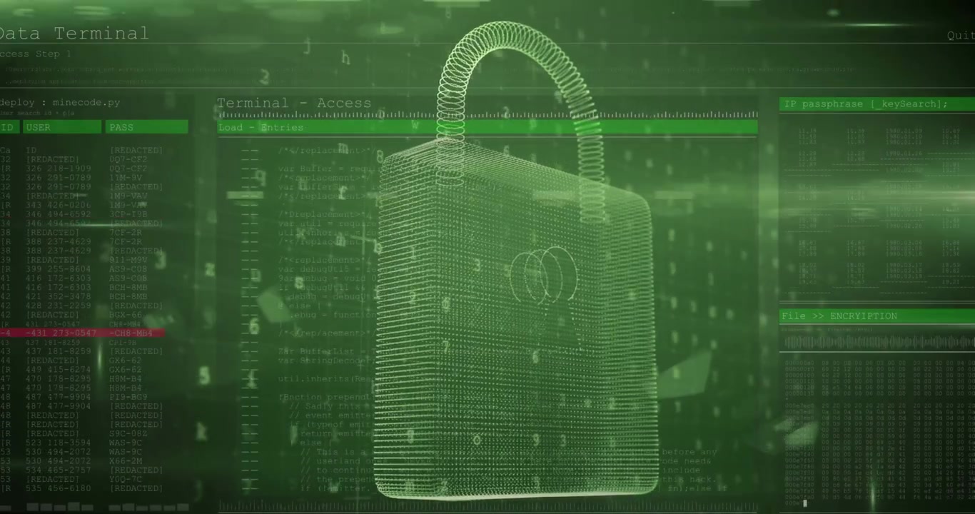 Animazione di un lucchetto di sicurezza durante l'elaborazione dei dati su sfondo scuro