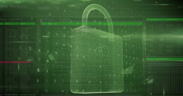 Animation of security padlock over data processing on dark background