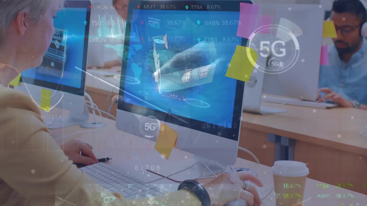 Animation of data processing over diverse business people in office