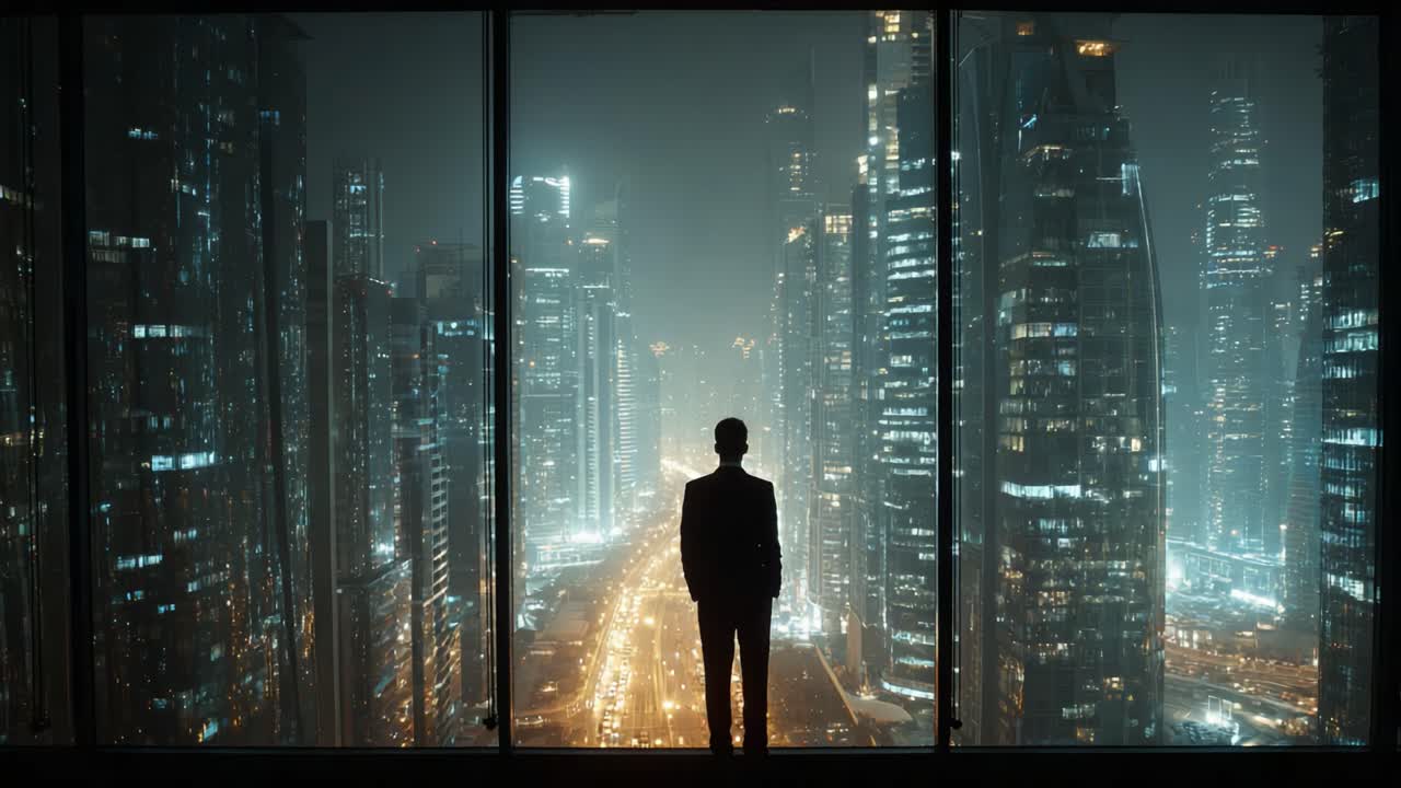 A Solitary Figure Gazes Out Over a Dazzling Cityscape at Night, Illuminated by the Radiance of Towering Skyscrapers and Bright Urban Lights