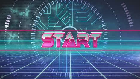 start text animation over futuristic digital circuit board and grid background