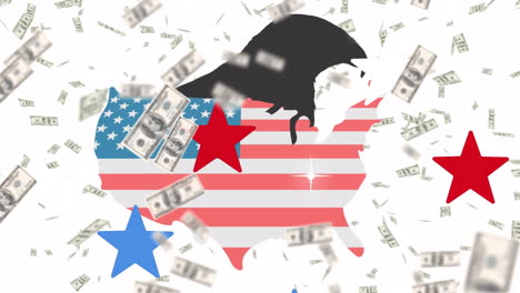 animación de billetes de dólares estadounidenses que caen sobre el mapa con la bandera de los estados unidos de américa