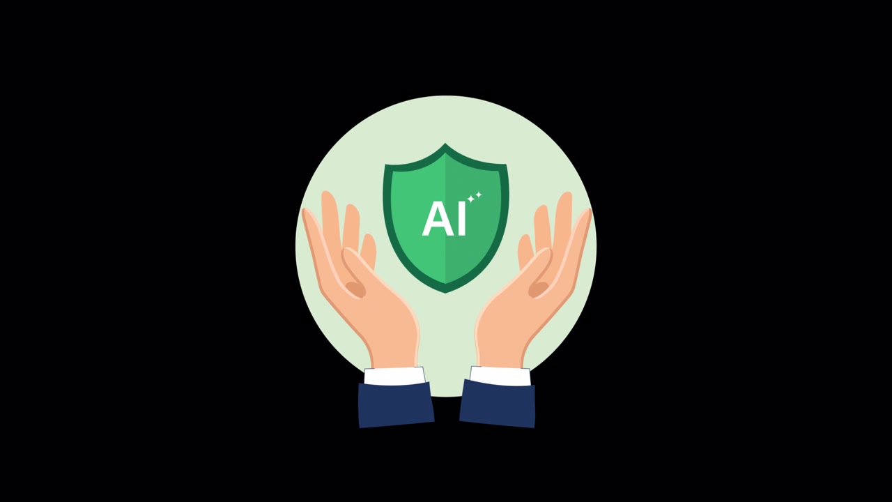 Mani che tengono l'icona dello scudo AI che rappresenta la sicurezza dell'intelligenza artificiale