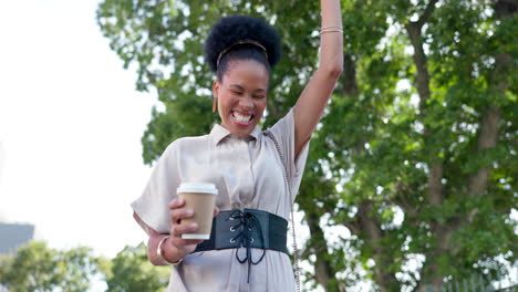 winning, surprise and black woman with phone