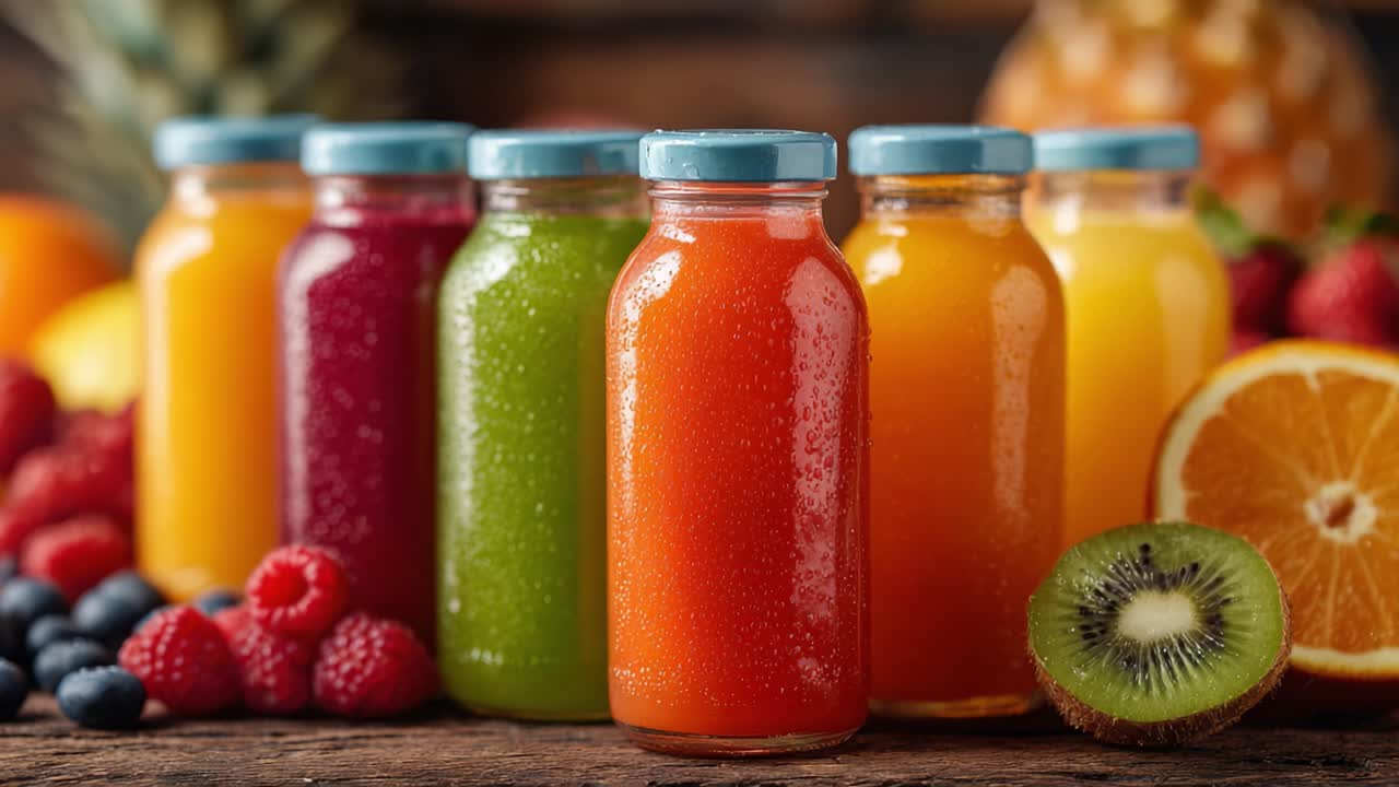 A Colorful Array of Freshly Squeezed Fruit Juices in Vibrant Bottles, Capturing Nature's Flavors with a Rich Display of Juicy Ingredients
