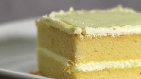 close-up of layered sponge cake with cream frosting