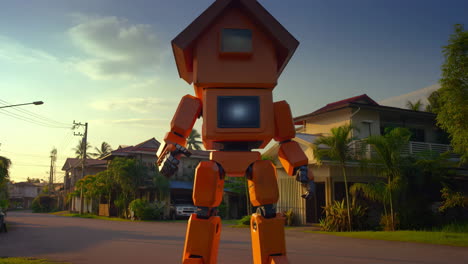 giant house robot on a suburban street