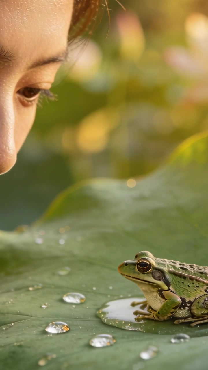 Vertical video: Appearing woman leaning, bringing eye near green frog on lotus leaf, dew gleaming
