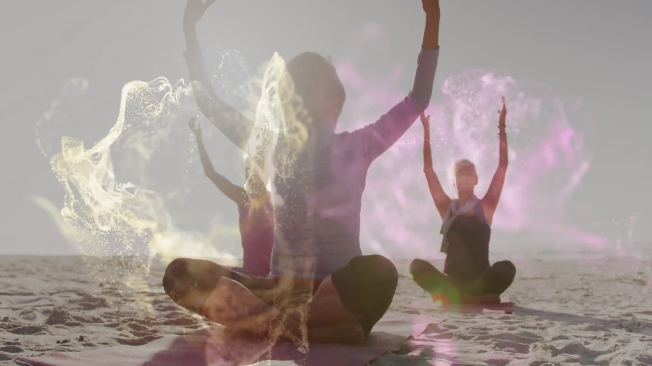 animación de iconos que caen sobre un grupo de mujeres caucásicas que practican yoga