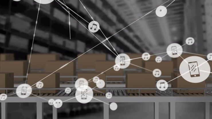 Animation of network of connections with icons over boxes on conveyor belts