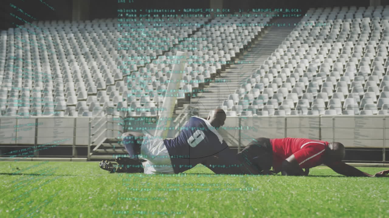 스타디움에서 럭비 선수들에 대한 데이터 처리 애니메이션