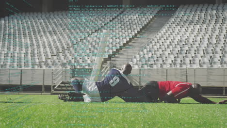 animation of data processing over rugby players at stadium
