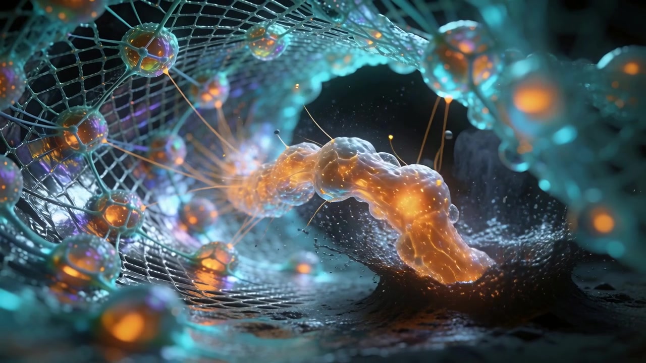 Dropping segmented worm reaching into nano mesh, nodes, sending tendrils to anchor and forming pool
