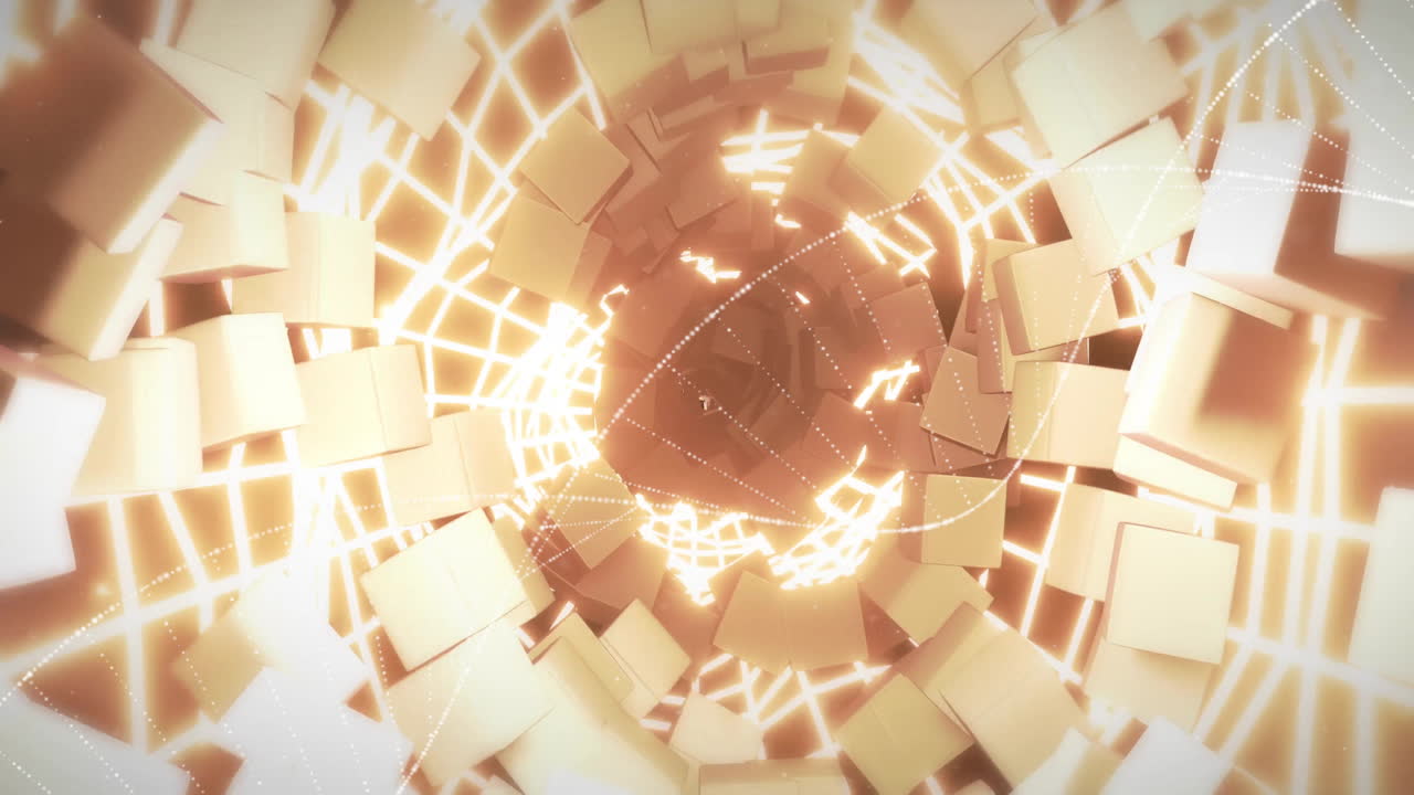 Rotating cubes and glowing grid forming tunnel animation