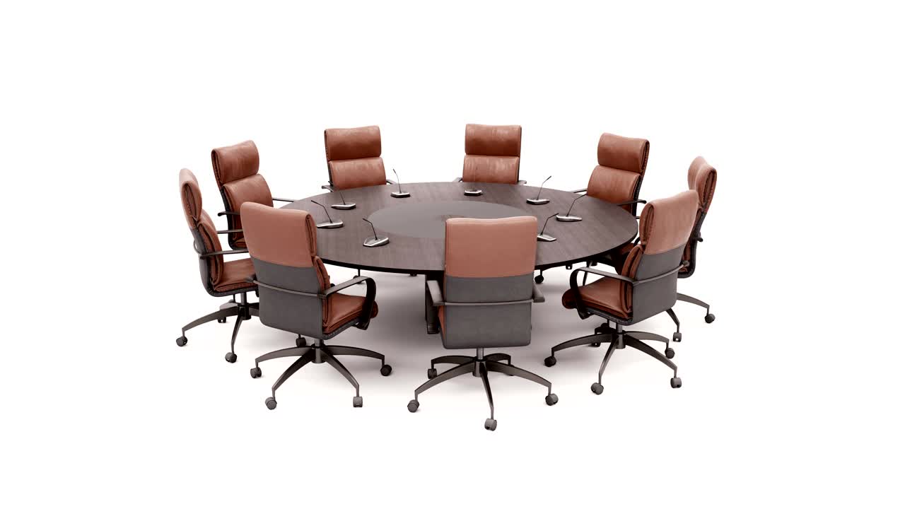 mesa redonda de conferencia sobre fondo blanco gira 360 grados.