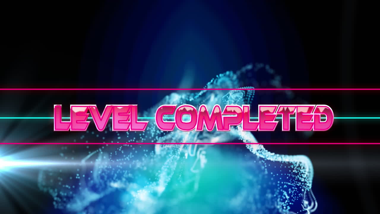 블루 디지털 파동과 검은색 배경에 빛의 반점 위에 레벨 완료 텍스트 배너의 애니메이션