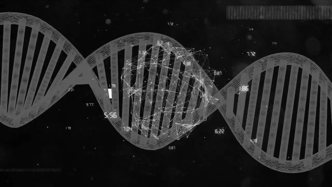 Scan bar sliding leftward and causing DNA helix bending while tech nodes forming for data analysis