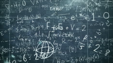 animación digital de ecuaciones matemáticas y fórmulas flotando contra el tablero negro