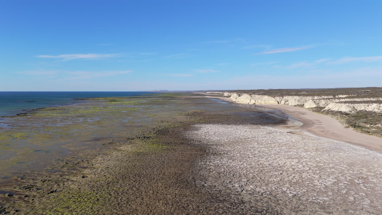 Establishing drone shot of Las Ostras Canyon in the day in Las Grutas, Argentina