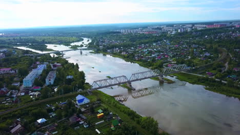 aerial view of a river and bridge in a small town