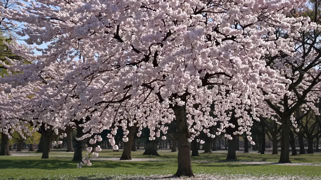 Video grandangolare che riprende un ciliegio in piena fioritura, mostrando i suoi vivaci fiori rosa