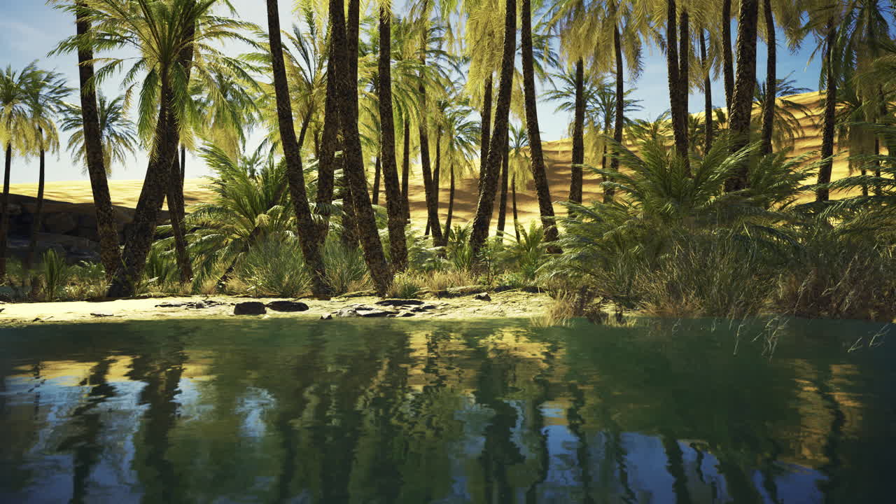 Lush oasis with palm trees beside clear water in a desert setting
