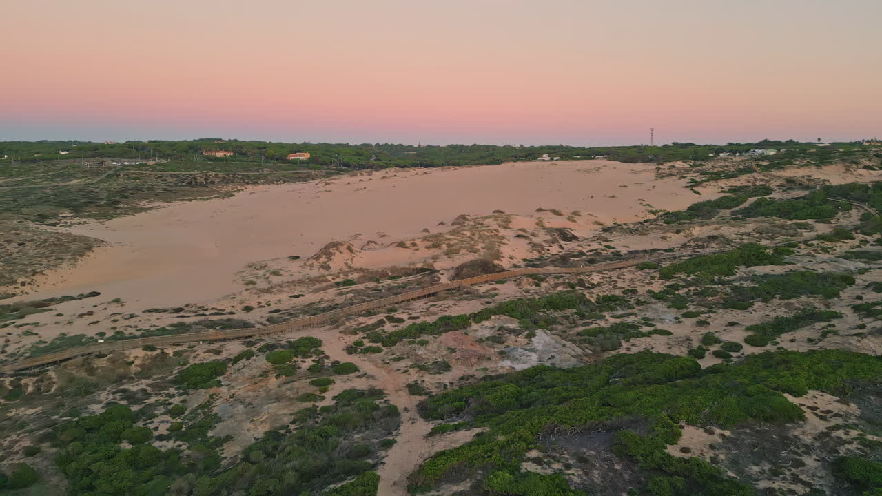 Aerial twilight sand dunes view. Undisturbed beauty of sprawling wild vegetation
