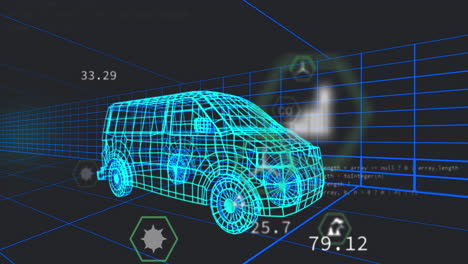 animación de múltiples iconos digitales sobre un modelo de furgoneta 3d que se mueve en un patrón sin costuras en un túnel