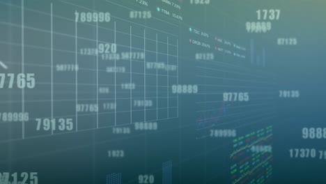animation of changing numbers over multiple graphs and trading boards on blue background