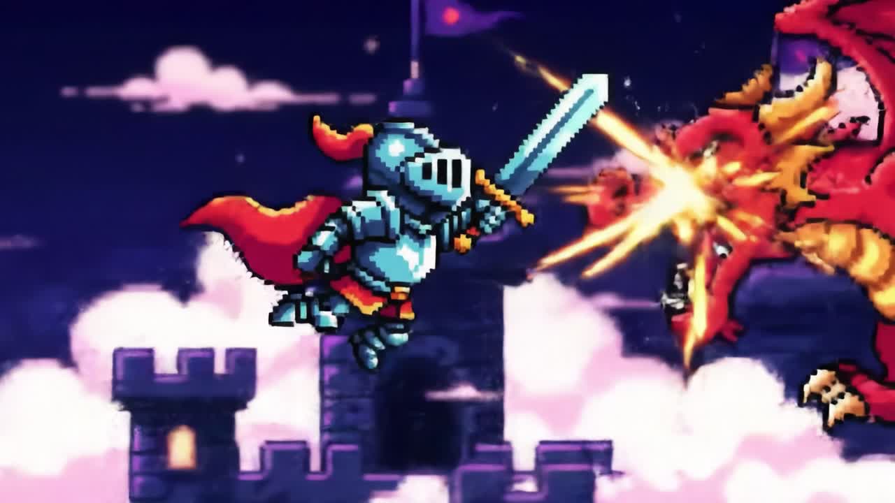 Epic Battle Between a Brave Knight and a Fierce Dragon in a Colorful Fantasy World Filled with Clouds and Towering Castles