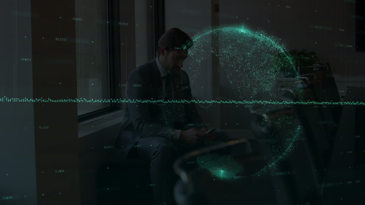 Business exec scrolling smartphone in corporate lounge, with floating data wave and globe hologram