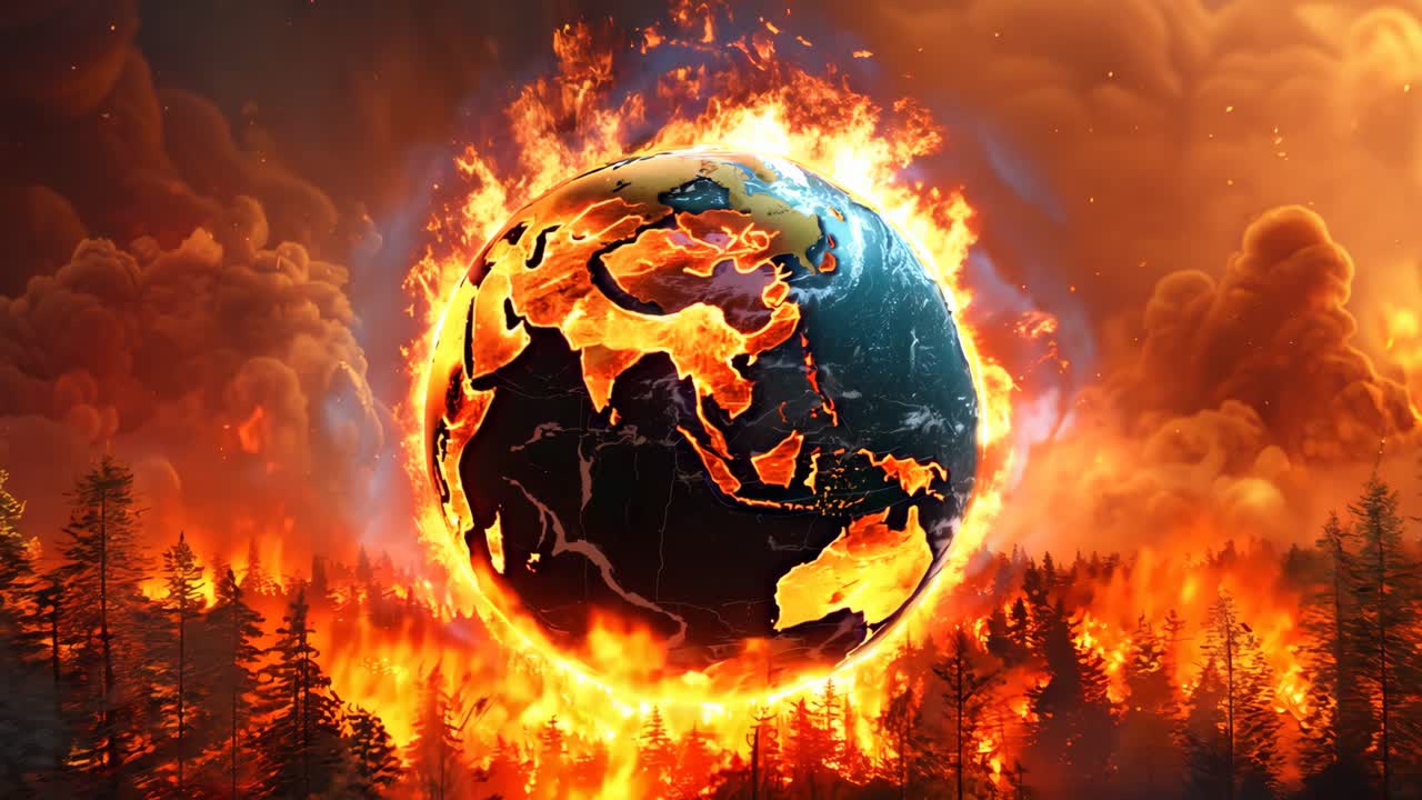 A fire is burning in a forest and the sky is orange. The fire is so big that it is almost touching the earth