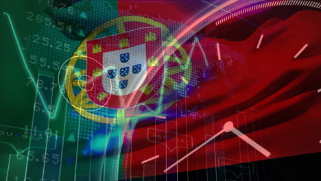 animation of financial data processing with clock over flag of portugal