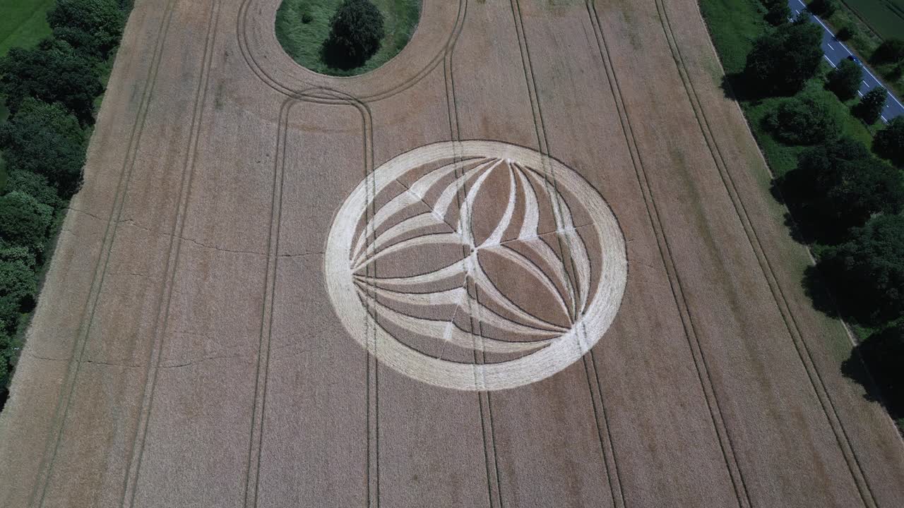 Mystical Warminster 2023 crop circle pattern creation aerial view revealing rural British farmland countryside