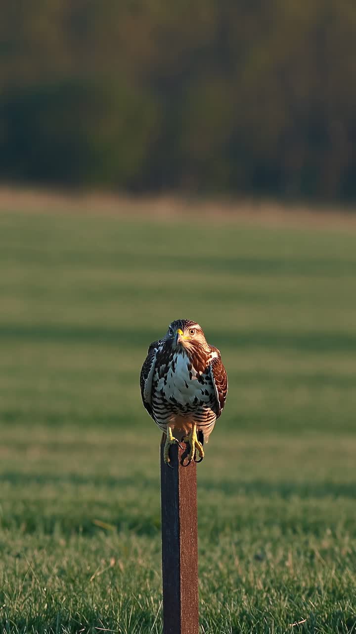 A hawk perched on a post in a grassy field. The hawk's feathers are detailed and the setting sun
