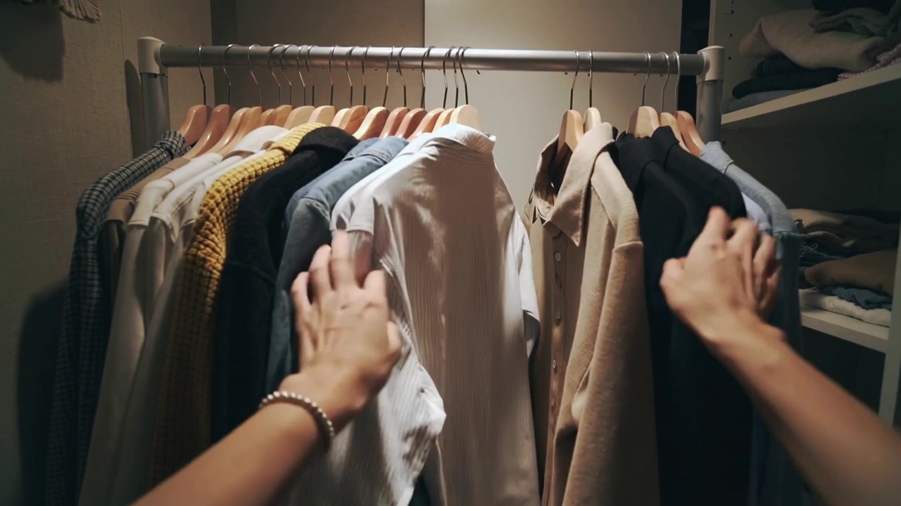 Mãos e antebraços deslizando pelo cabideiro no armário de casa, selecionando uma camisa jeans.