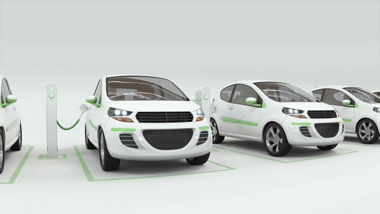 현대적인 전기 자동차 충전 e-모션 콘셉트가 색 바탕에 있습니다.