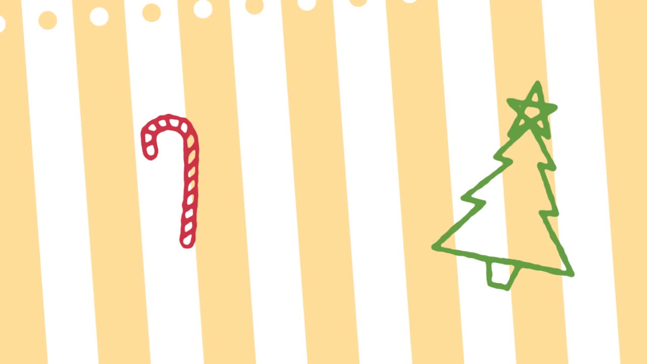 animación de dibujos a mano de decoraciones navideñas en papel de fondo a rayas amarillas y blancas